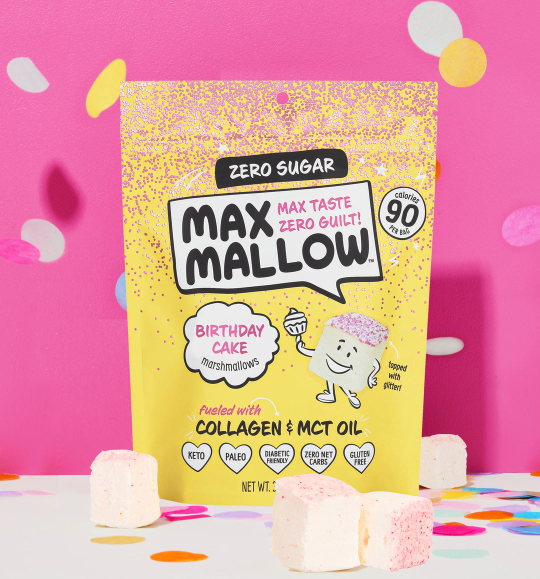 Decorative image of front view of Max Mollows Sugar Free Birthday Cake